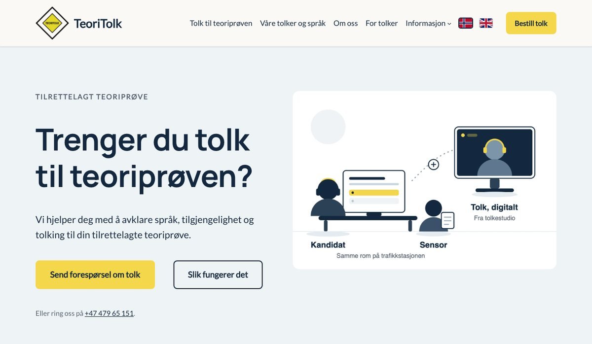 Skjermbilde av forsiden til teoritolk.no med overskriften «Trenger du tolk til teoriprøven?».