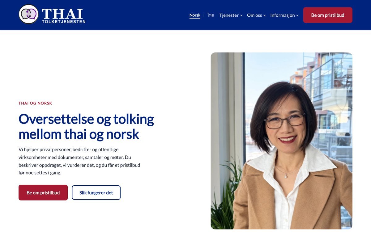 Skjermbilde av forsiden til thaitolk.no med overskriften «Oversettelse og tolking mellom thai og norsk».